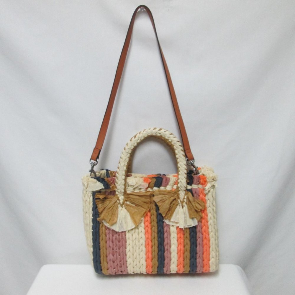 Vince Camuto Emei Woven Paper Satchel Tote Bag Purse removable strap striped NEW - Picture 3 of 14